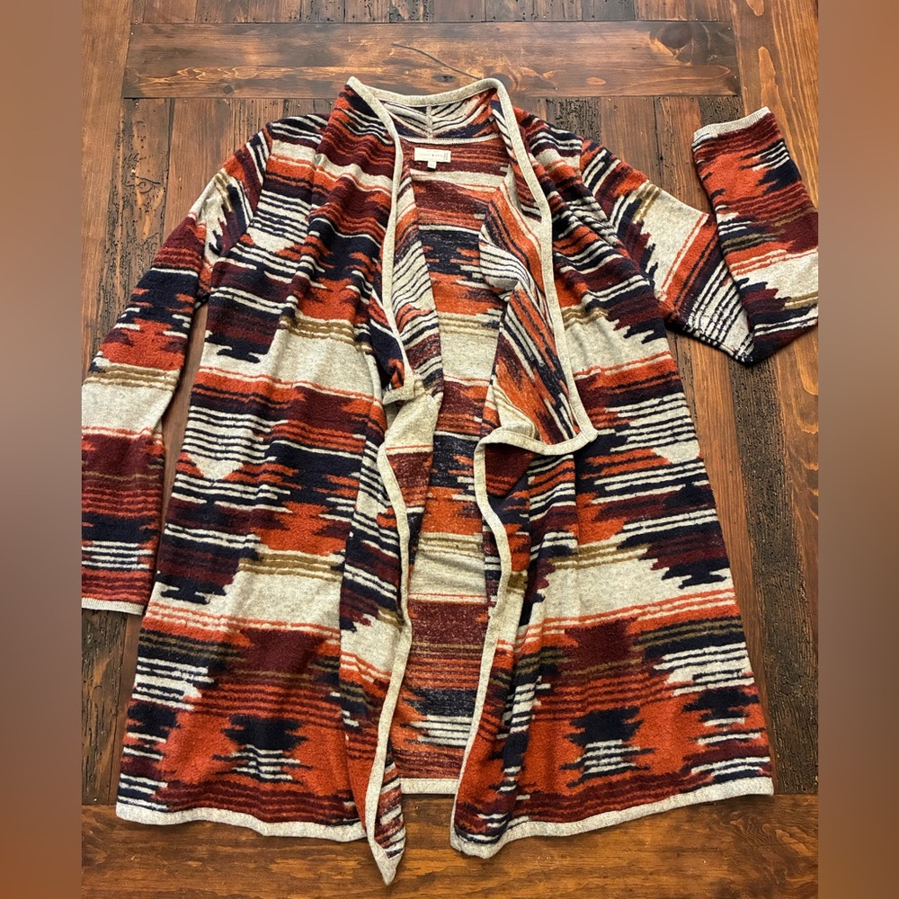 Lucky Brand Cardigan Sweater Women's Large Rust Southwest Style Open Front Cozy - Picture 2 of 4